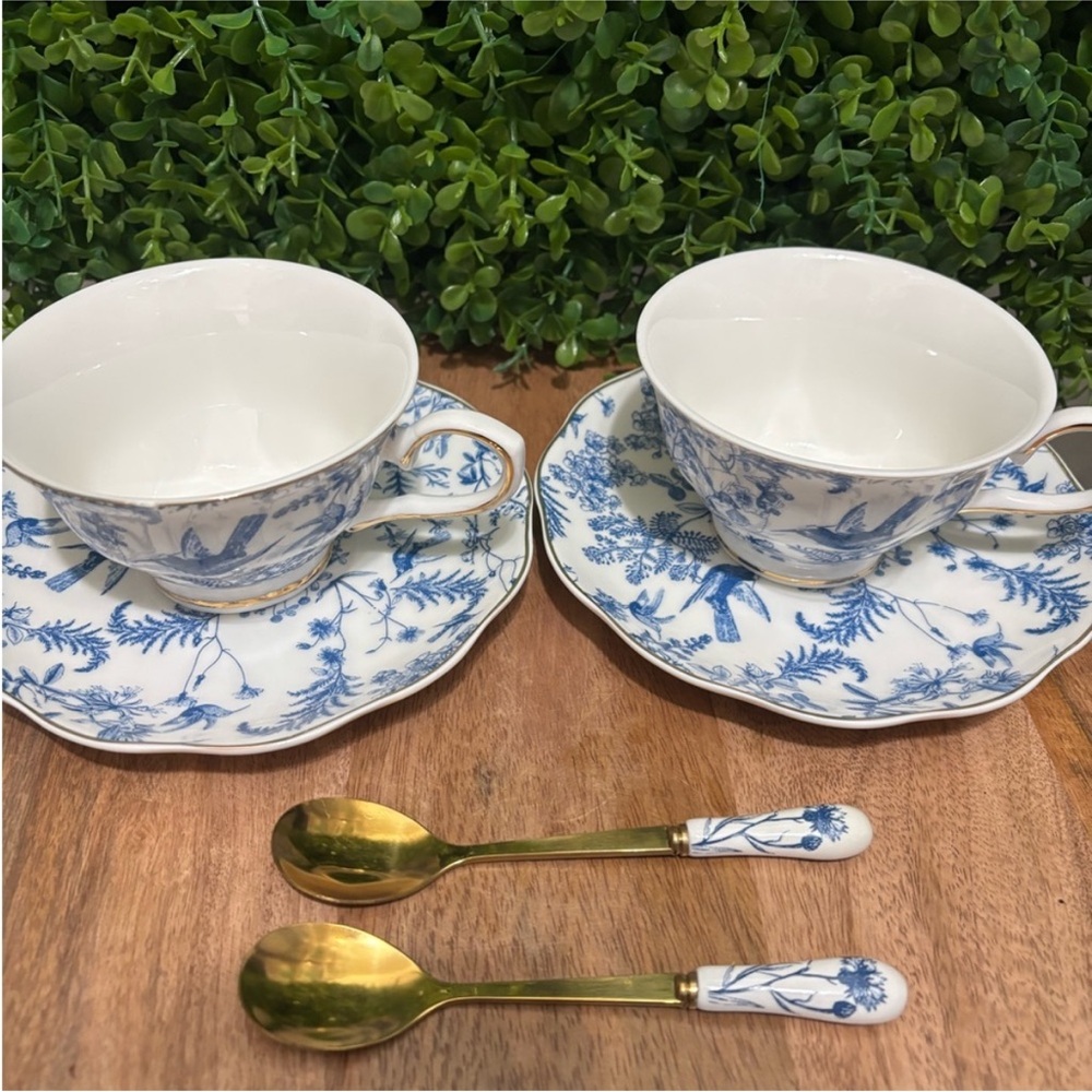 Grace Teaware NWT  Blue and White Floral Tea Cup Set with Gold Spoons